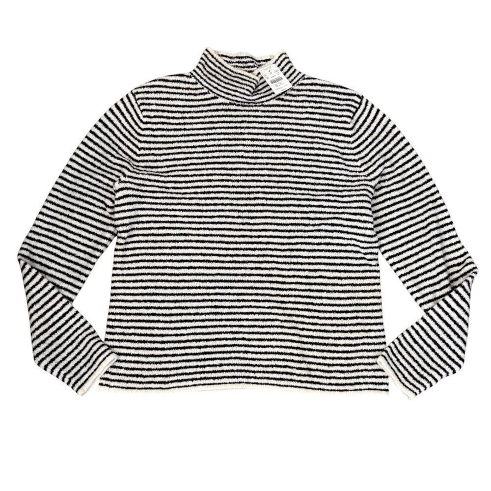 J. Crew Black White Stripe Fuzzy Mock Neck Long Sleeve Sweater Top Size M